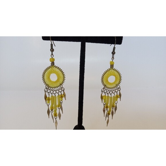 Bohemian Yellow Peruvian Style Silvertone Dangle Earrings 3.25 inch - Picture 1 of 6